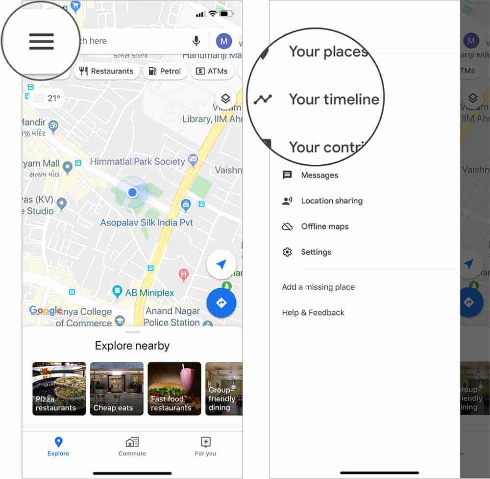 Tap on Hamburger icon and Select Your Timeline in Google Maps on iPhone