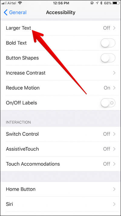 Tap on Larger Text in Accessibility Settings on iPhone