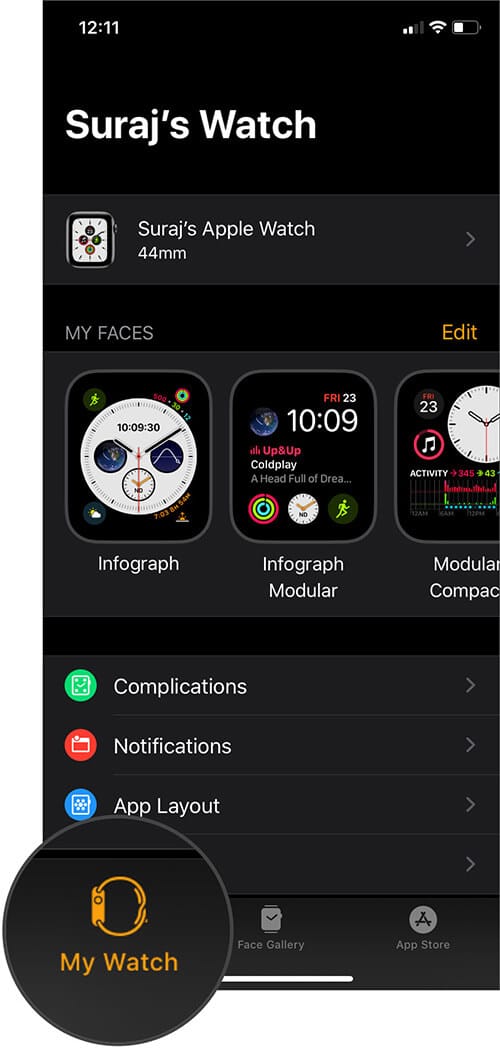 Tap on My Watch Tab in Watch App on iPhone