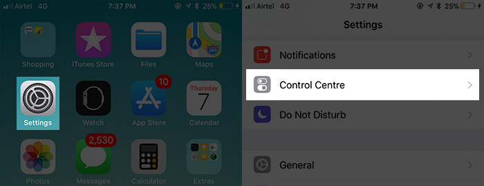 Tap on settings then control center on iphone in ios 11 Tap on Settings then Control Center on iPhone in iOS 11