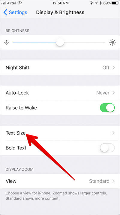 Tap on Text Size in Display & Brightness Settings on iPhone