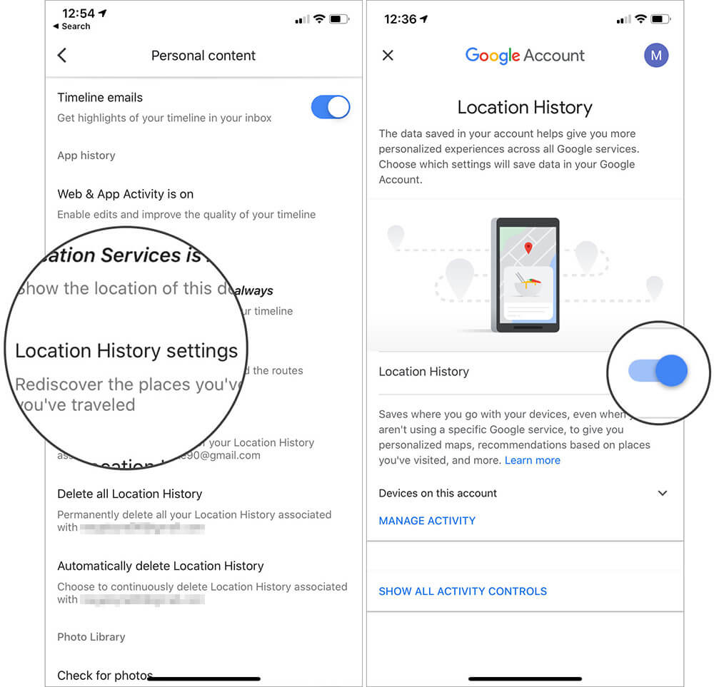 Tap on Toggle to Disable Location History in iOS Google Maps
