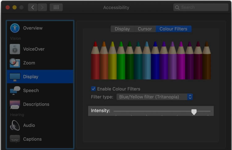 Adjust Intensity of Color Filter from under display from Accessibility Setting on Mac