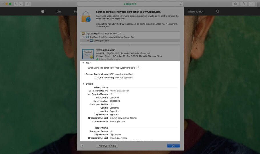 Check Complete Digital Certificate of Website in Safari