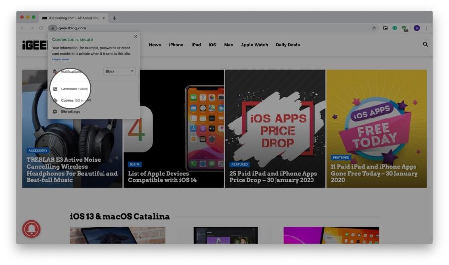 Click on certificate from drop down menu in chrome on mac Click on Certificate from Drop Down Menu in Chrome on Mac