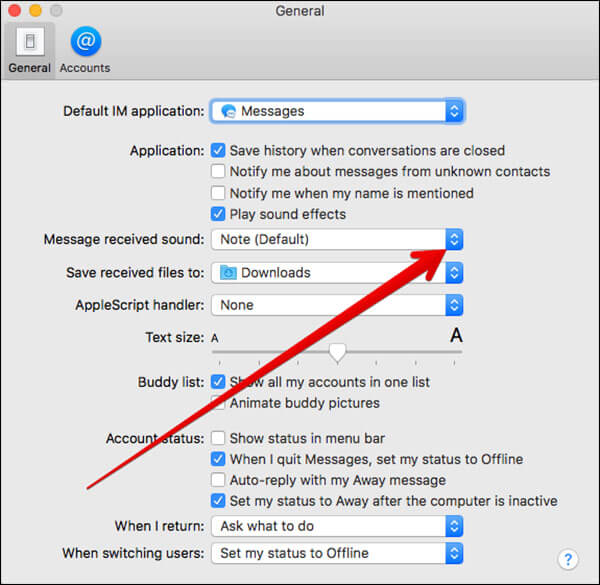 Click on Drop Down Menu in Message Received Sound in macOS Sierra
