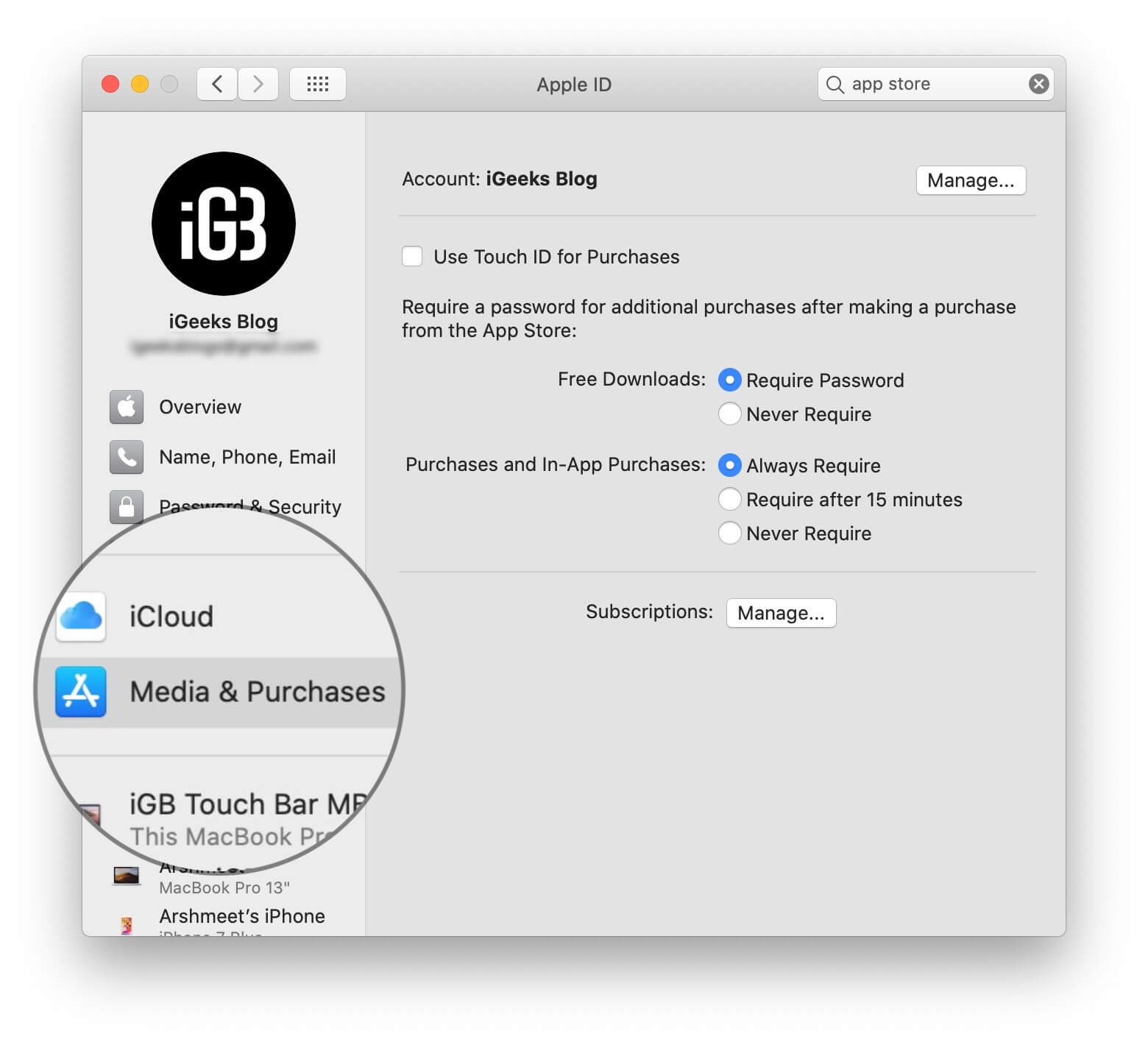 Click on Media and Purchases in Mac Apple ID