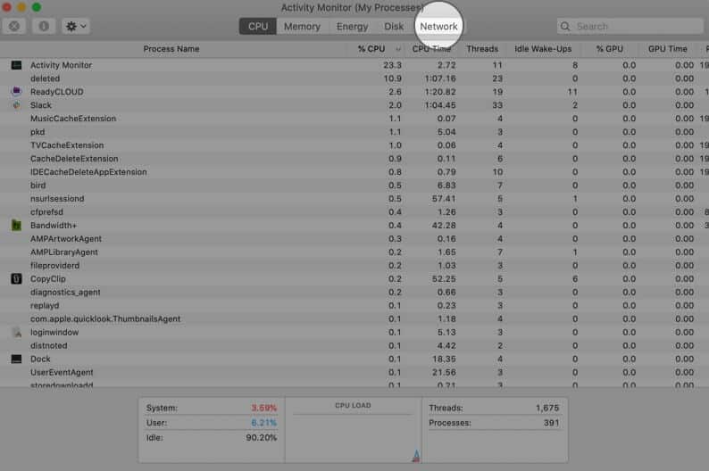 Click on Network Tab in Activity Monitor on Mac