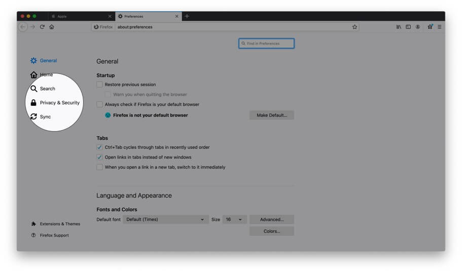 Click on privacy and security in firefox preferences on mac Click on Privacy and Security in Firefox Preferences on Mac