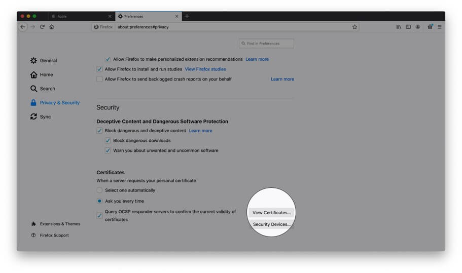 Click on view certificates in firefox Click on View Certificates in Firefox