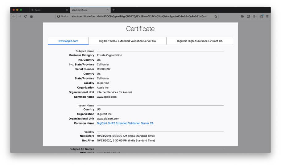 Нажмите на Просмотр цифрового сертификата в Firefox на Mac