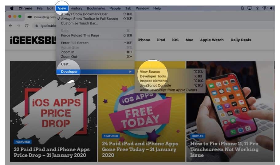 Click on view and select developer and click on developer tools in google chrome on mac Click on View and Select Developer and Click on Developer Tools in Google Chrome on Mac