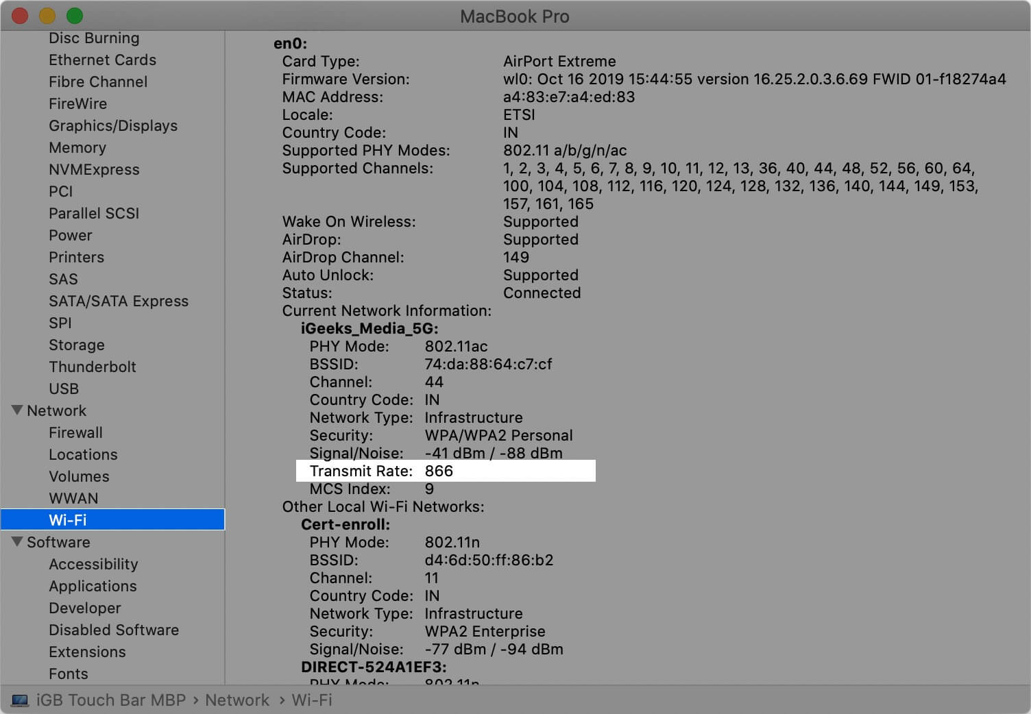 Click on Wi-Fi and Check Transmit Rate on Mac