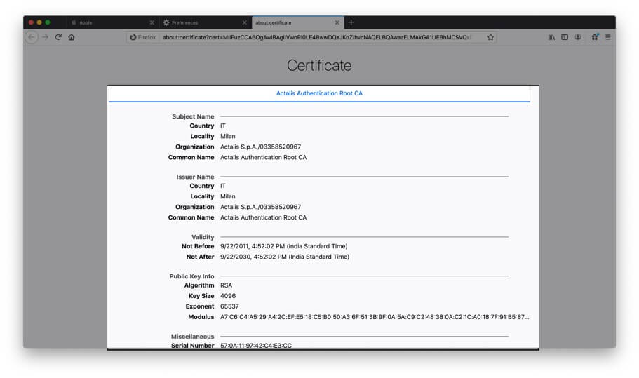 Двойной щелчок по сертификату для просмотра подробностей в Firefox на Mac