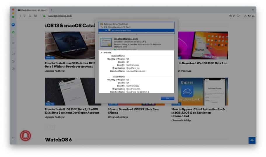 Получить подробную информацию о цифровом сертификате в Opera на Mac