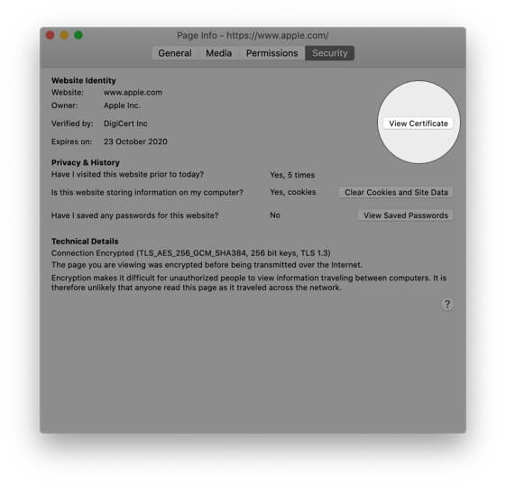 Получить цифровой сертификат сайта в Firefox на Mac