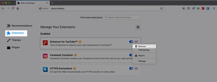 In Firefox Add-Ons Click on Extensions then Click on three dots icon of an extension to Remove it