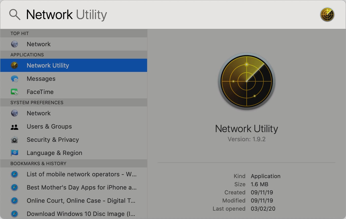 Search Network Utility in Spotlight Search