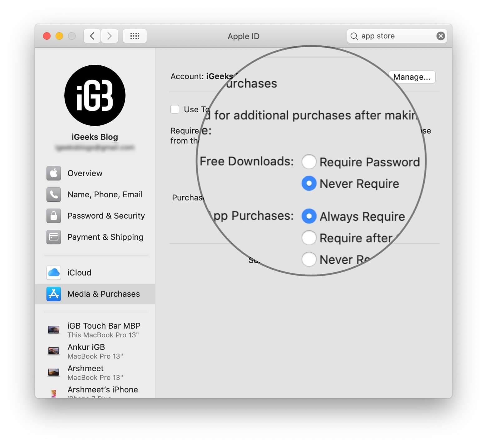 Select Never Required in Free Downloads in Apple ID on Mac