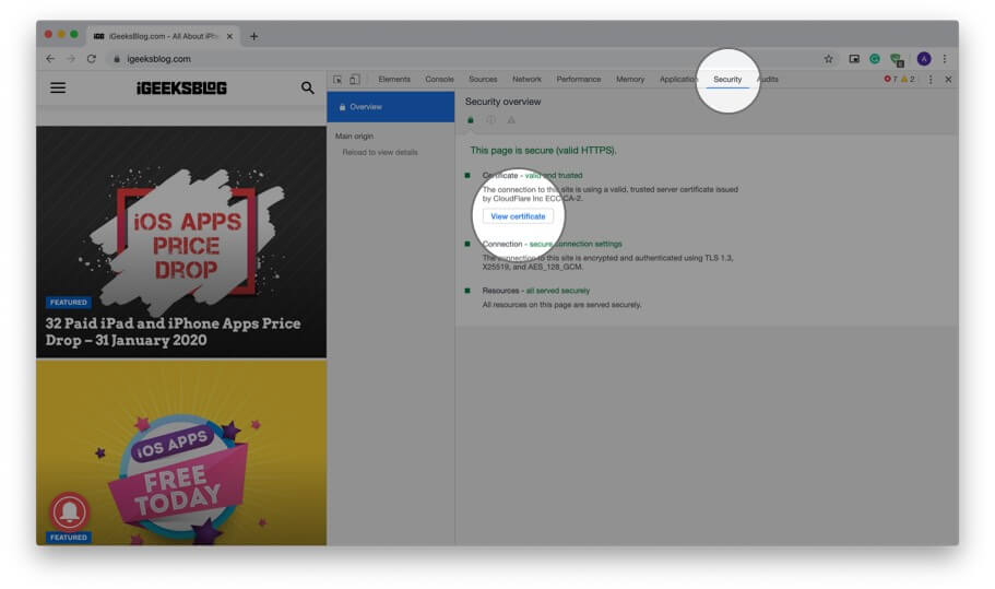 Select security and click on view certificate in google chrome on mac Select Security and Click on View Certificate in Google Chrome on Mac
