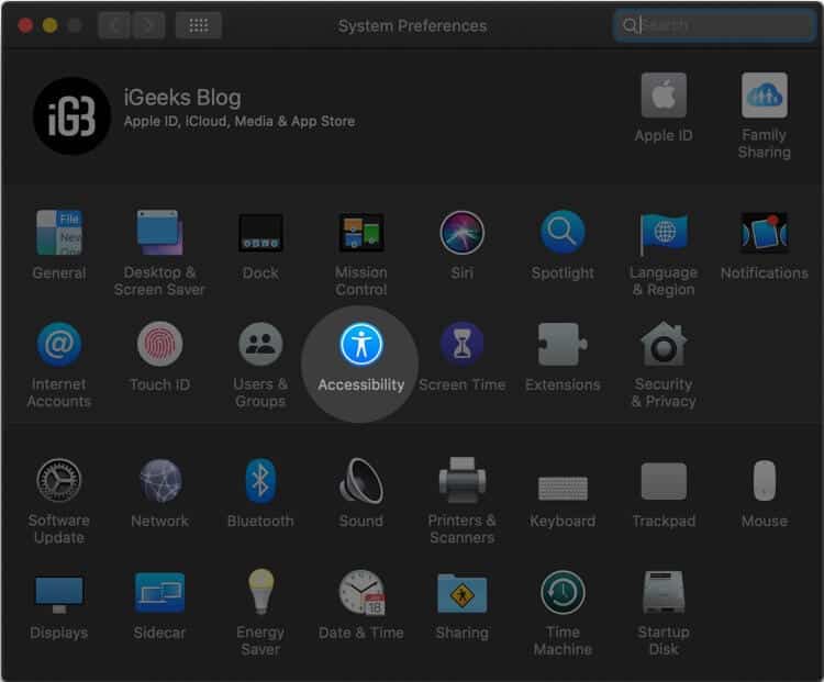 System Preferences Click on Accessibility in Mac