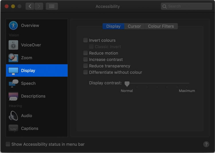 System Preferences Click on Accessibility then Select Display in Mac
