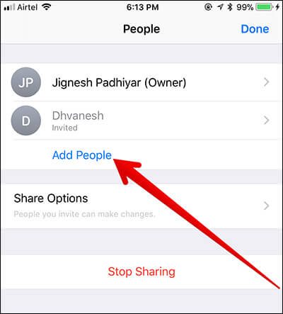 Tap Add People in iOS 11 Files App