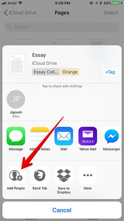 Tap on Add People in iOS 11 Files App Sharing Options