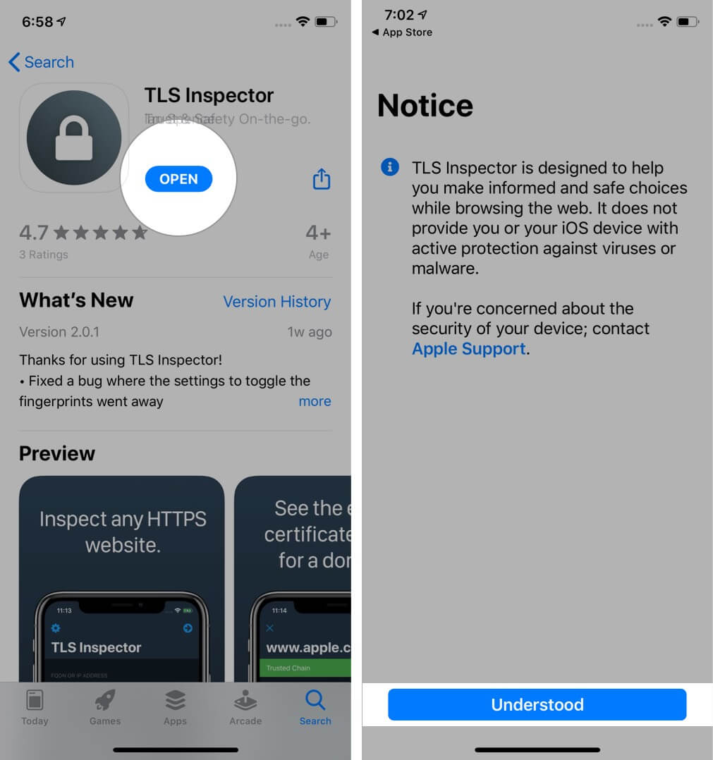 Tap on open and then tap understood to launch tls inspector on iphone Tap on Open and Then Tap Understood to Launch TLS Inspector on iPhone