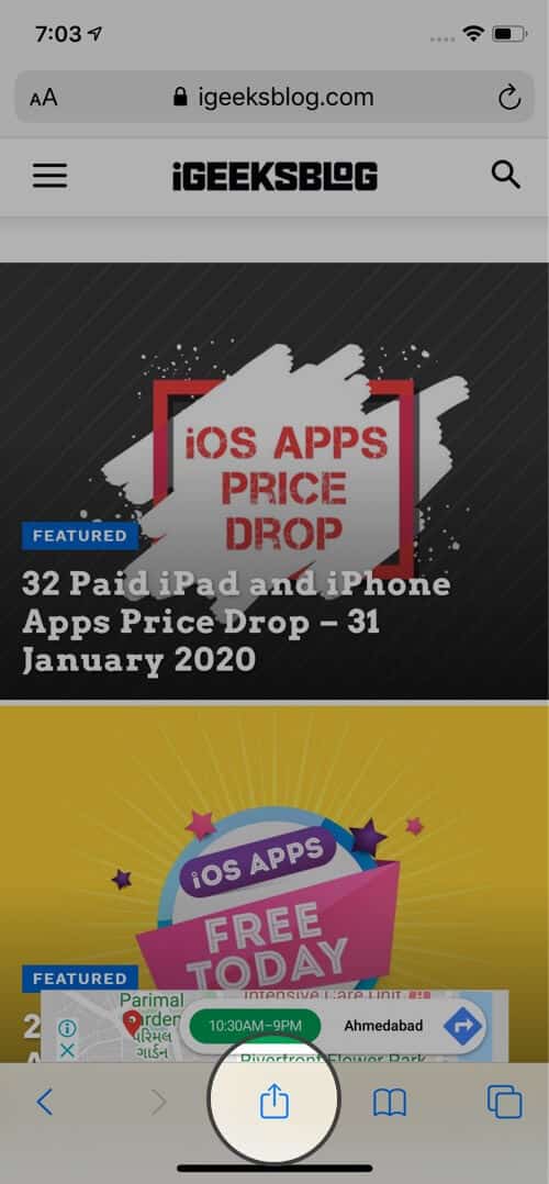 Нажмите на Поделиться в Safari App на iPhone