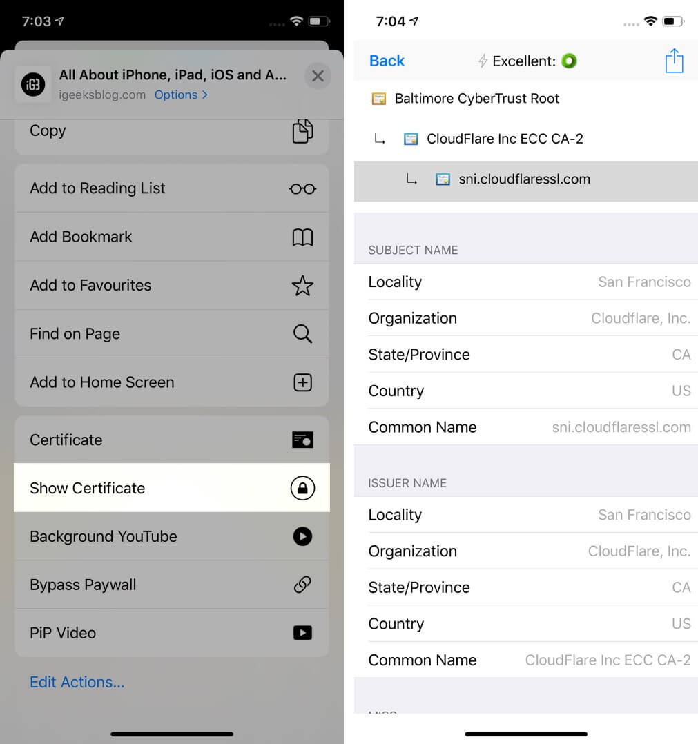 Tap on Show Certificate to View Certificate on iPhone