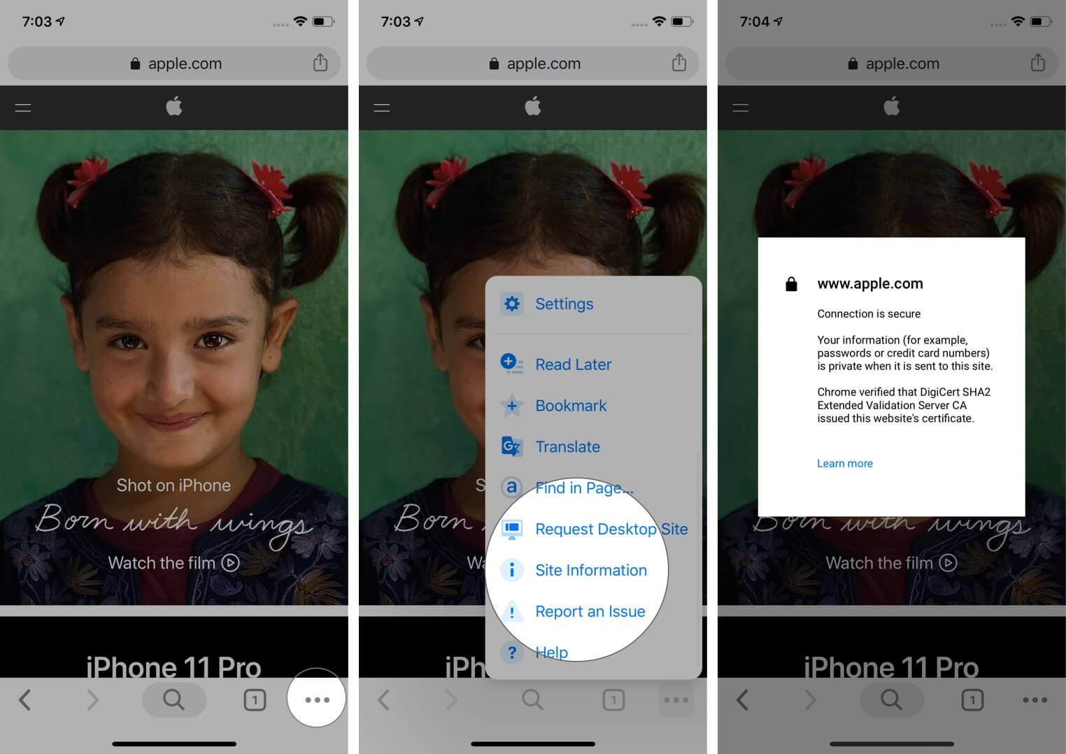 Нажмите на три точки и выберите информацию о сайте в Google Chrome на iPhone