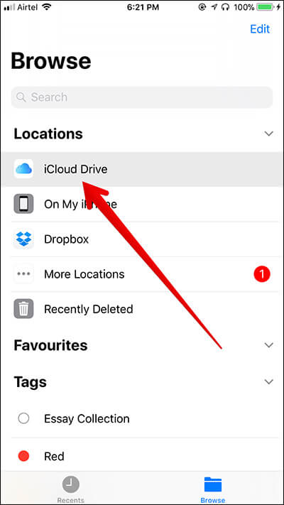 Tap on iCloud Drive in iOS 11 Files App