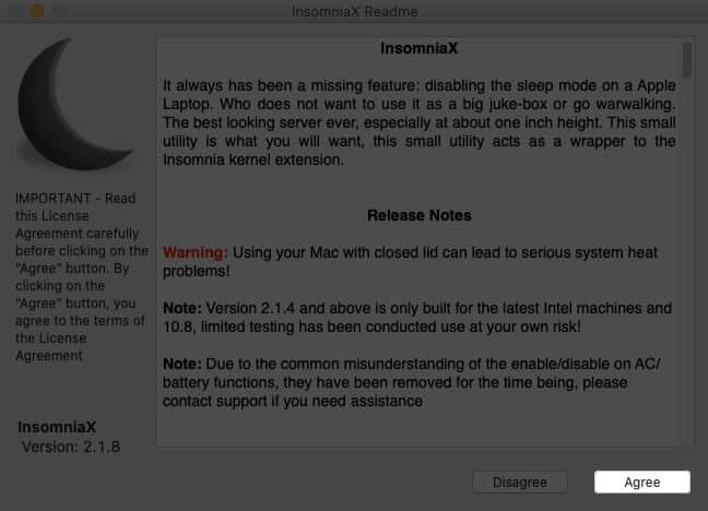 Click on Agree to Install InsomniaX on Mac