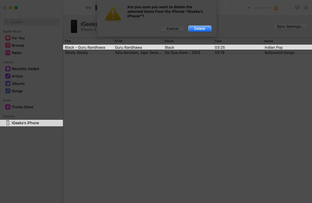 Click on Delete to Remove Sync Songs from Your Device on Mac
