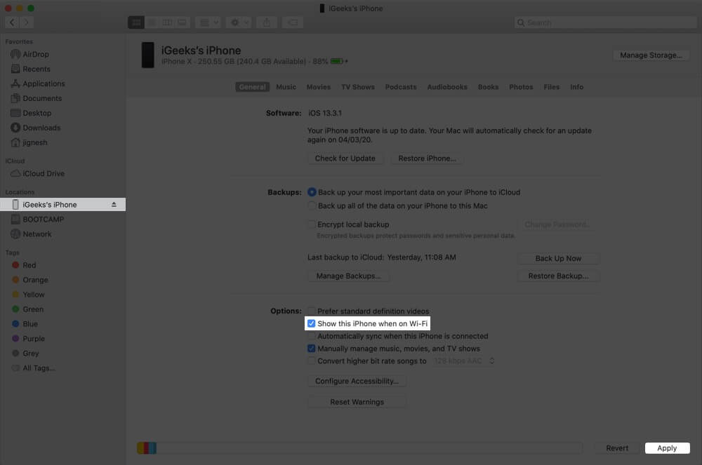 Click on Device and Select Show this iPhone when on Wi-Fi and Then Click on Apply