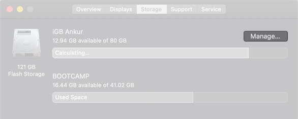 Click on Manage in Mac Storage