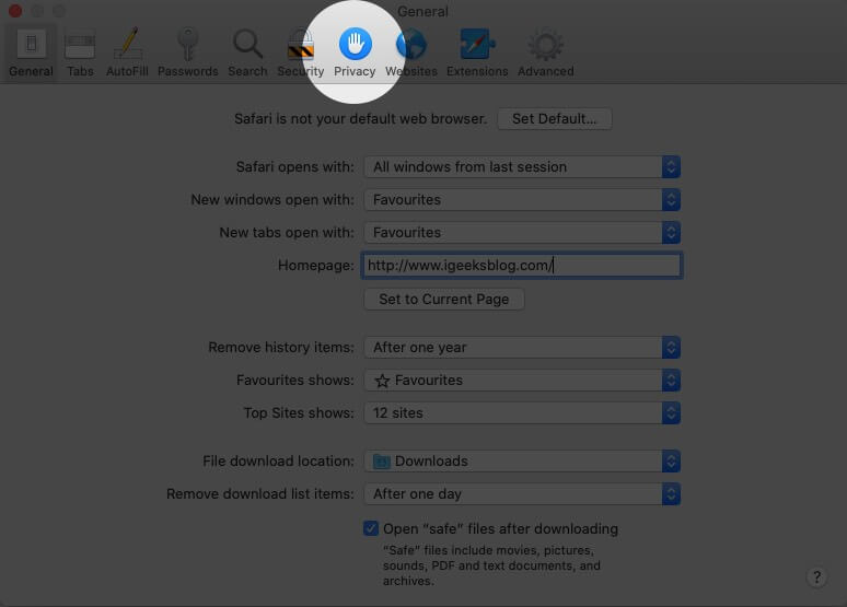 Click on Privacy in Safari Preferences on Mac
