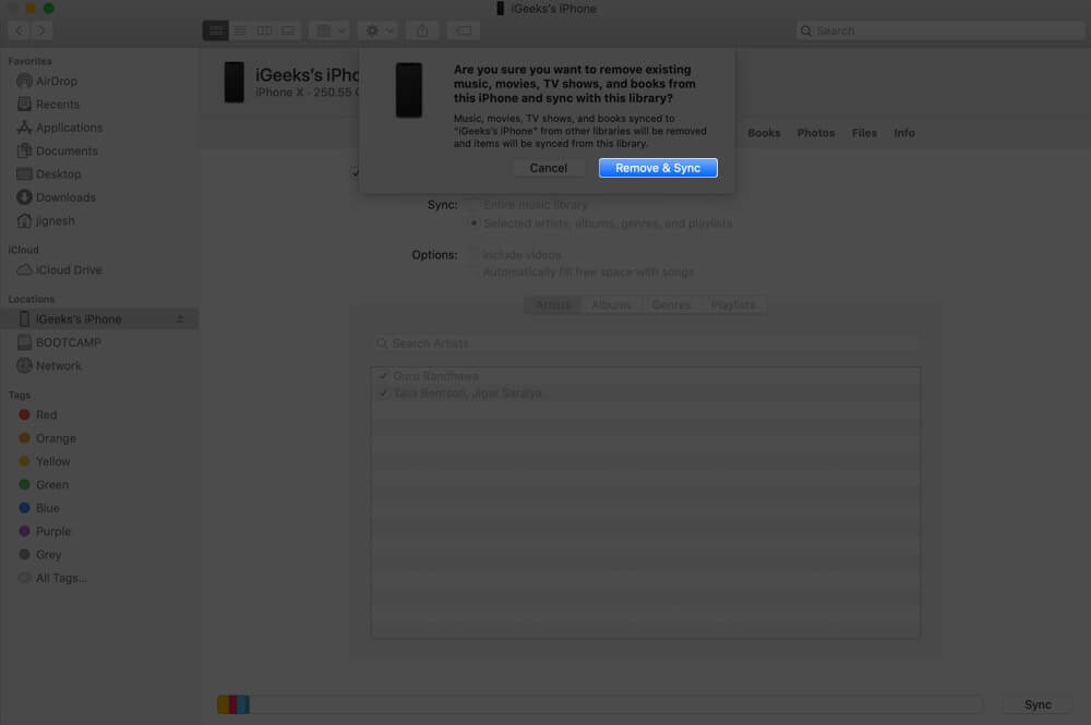 Click on Remove and Sync to Delete Existing Files and Sync New Files with Mac