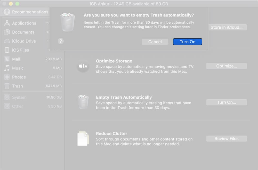 Click on Turn On to Confirm Empty Trash Automatically on Mac