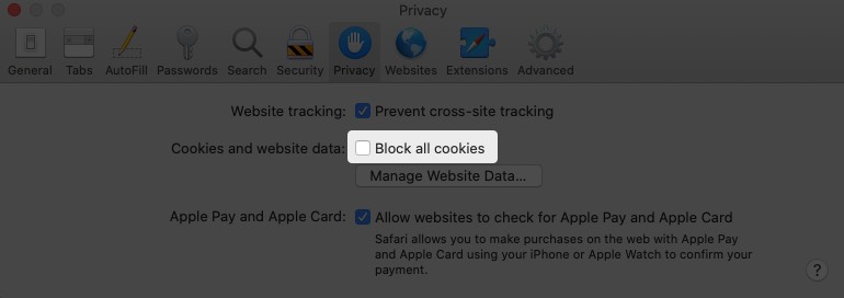 Disable block all cookies to allow cookies in safari in macos catalina