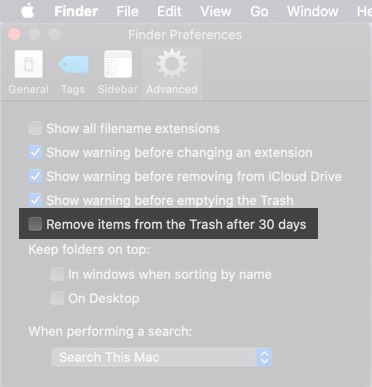 Disable Remove items from the Trash after 30 days to Turn Off Empty Trash Automatically on Mac