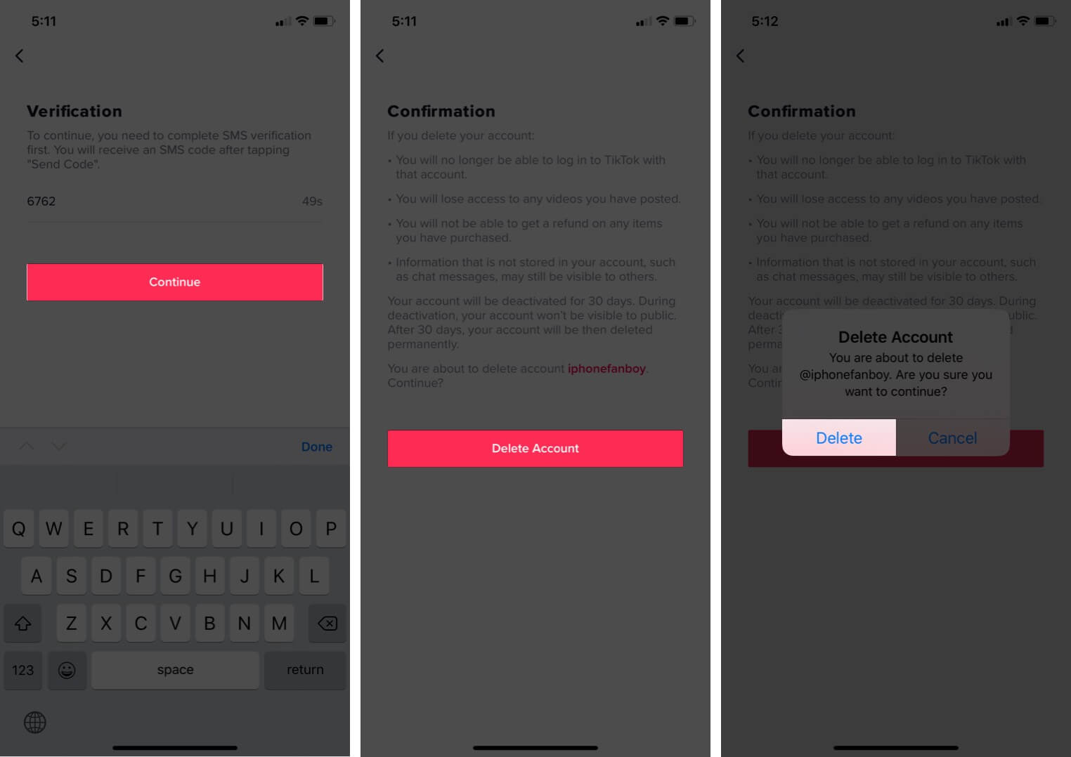 Enter Code and Tap on Continue to Delete TikTok account