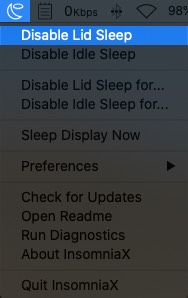 InsomniaX App icon and Select Disable Lid Sleep