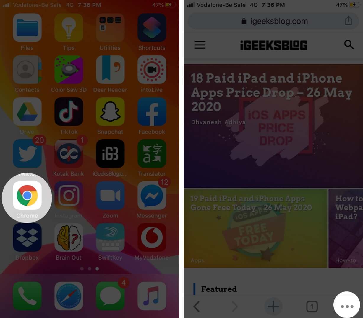 Open Chrome App Tap on Three Dots on iPhone