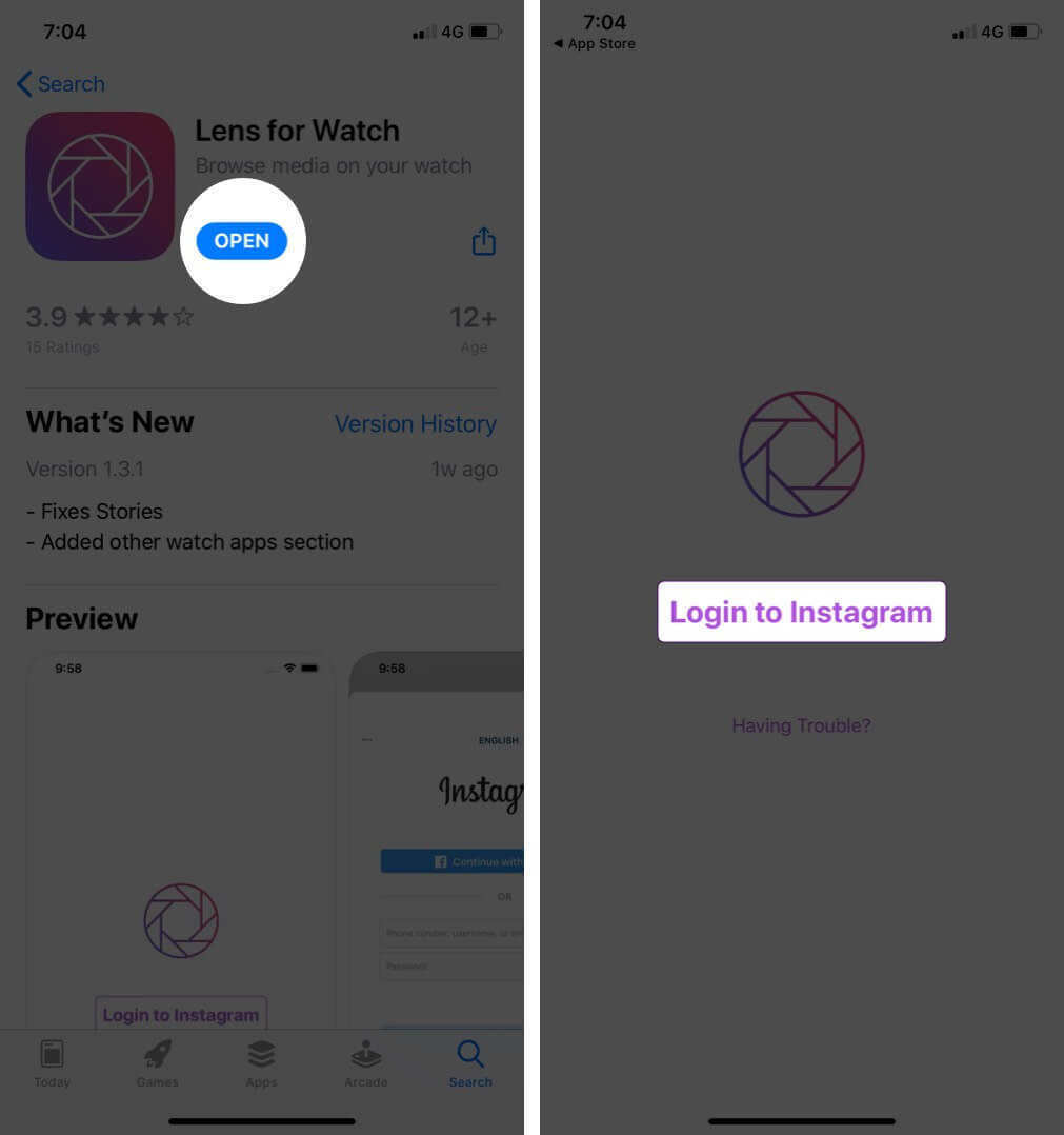 Open Lens App and Tap on Login to Instagram on iPhone
