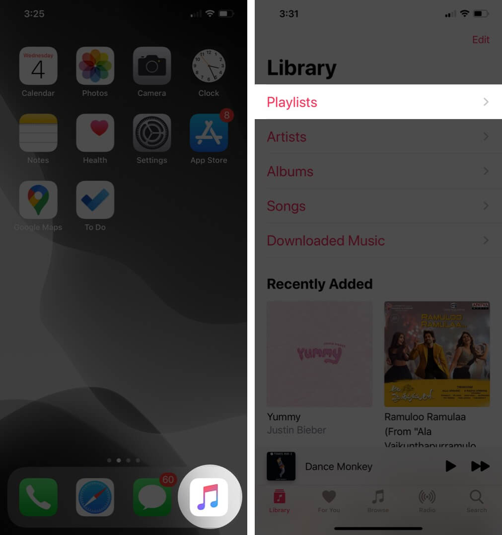 Open Music App and Tap on Playlist on iPhone