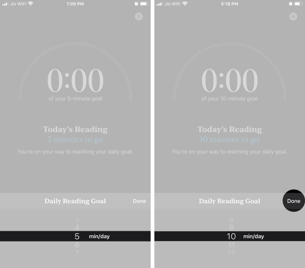 Set Daily Reading Goals and Tap on Done in Books App on iPhone