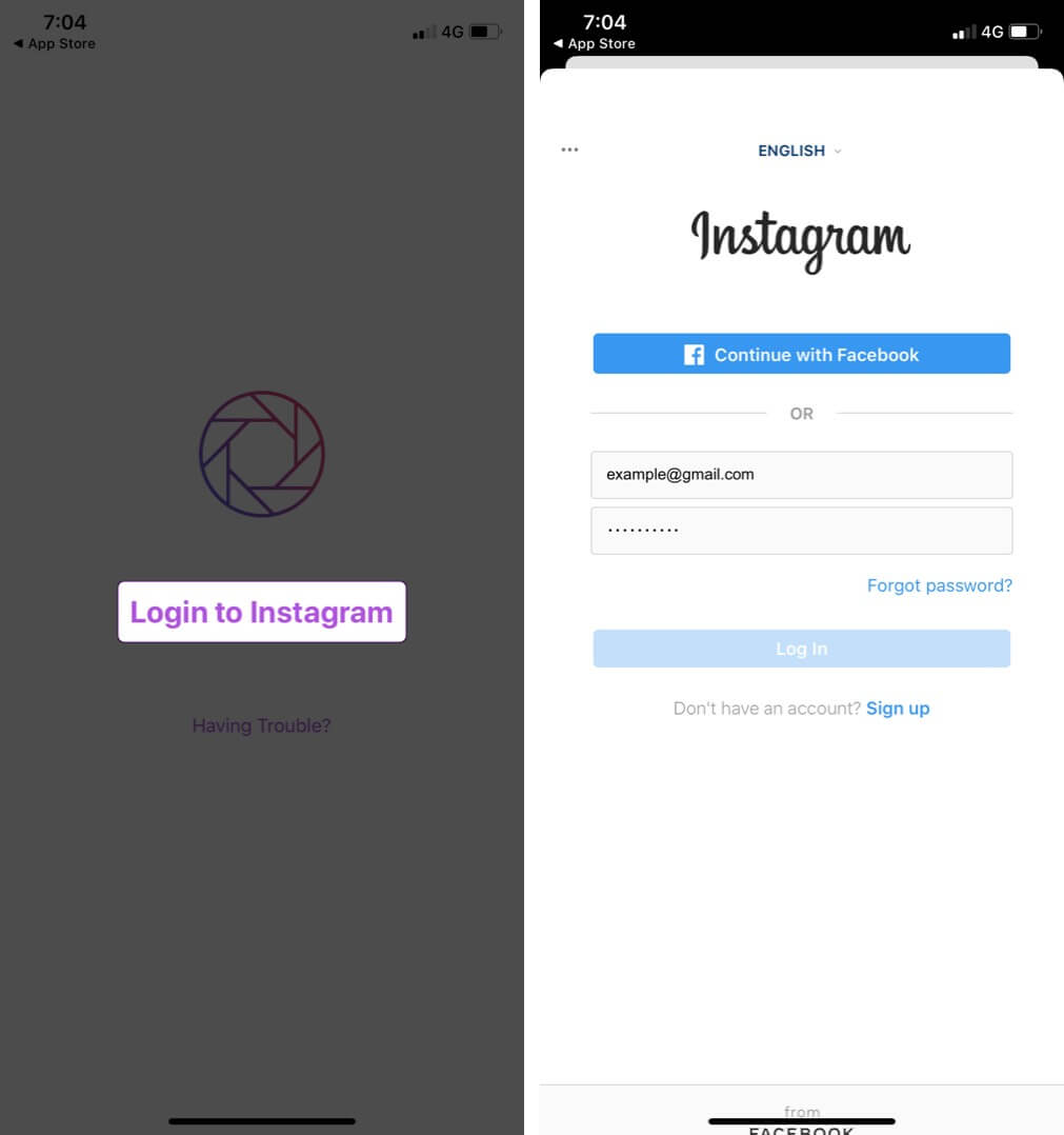 Tap on Login to Instagram and Enter User ID and Password