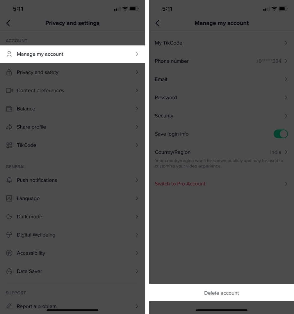 Tap on Manage my account and Then Tap on Delete Account in TikTok